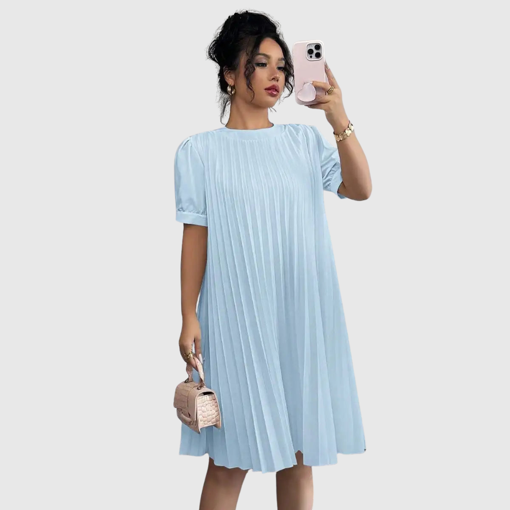 Pleated Puff Sleeve Midi Dress
