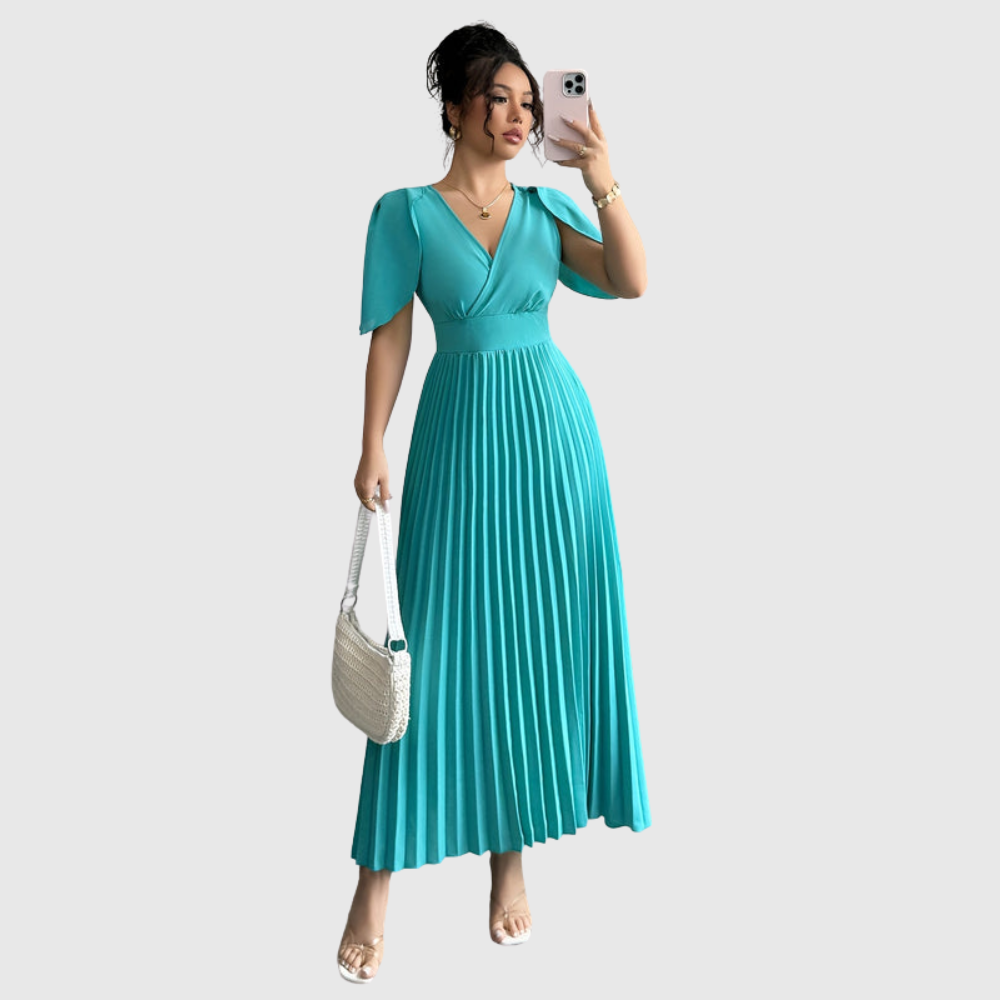 Flutter Sleeve Pleated Midi Dress