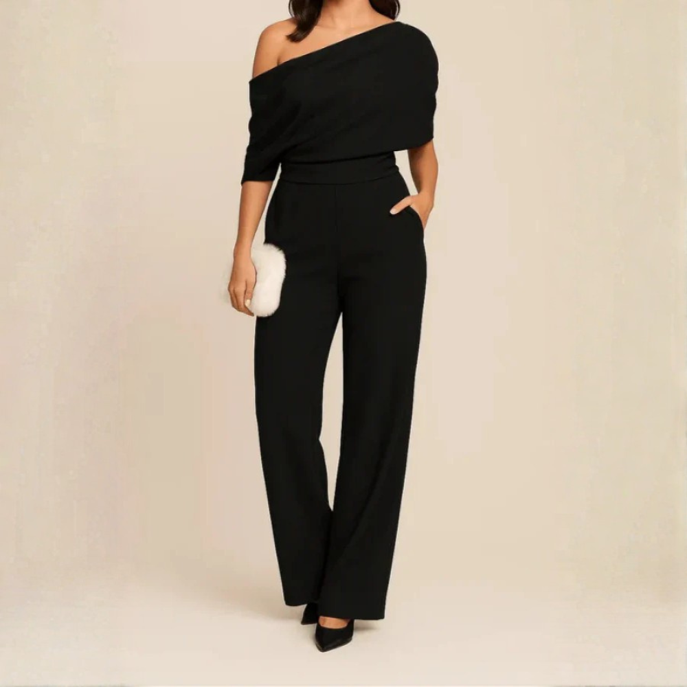 Draped Off Shoulder Tailored Jumpsuit