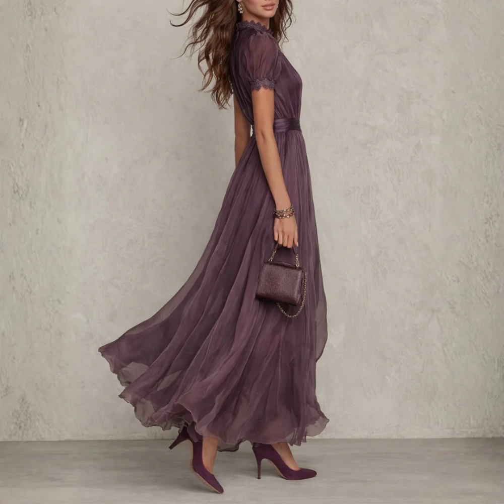 Elegant Chiffon Lace Trim Maxi Dress High Neck