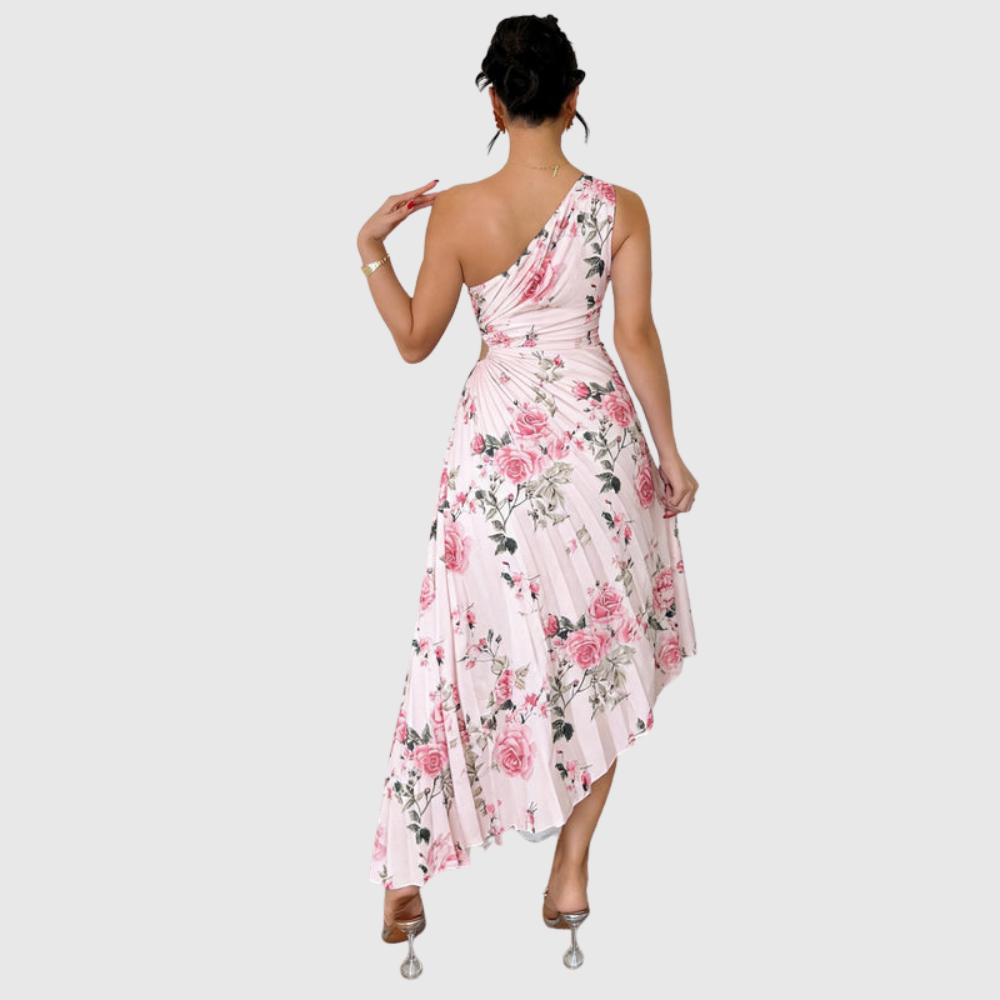 Floral One Shoulder Pleated Midi Dress