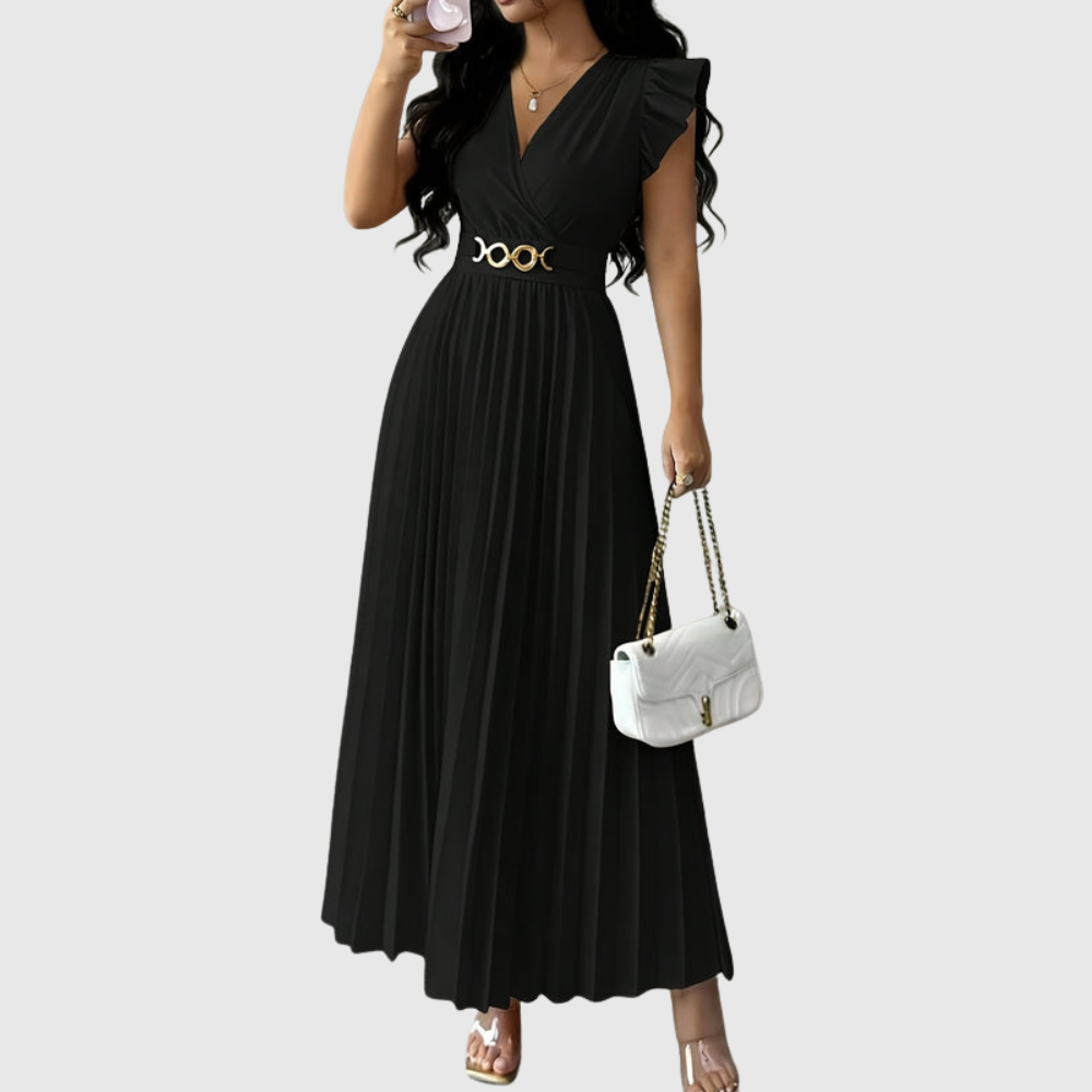 Elegant V Neck Pleated Midi Dress