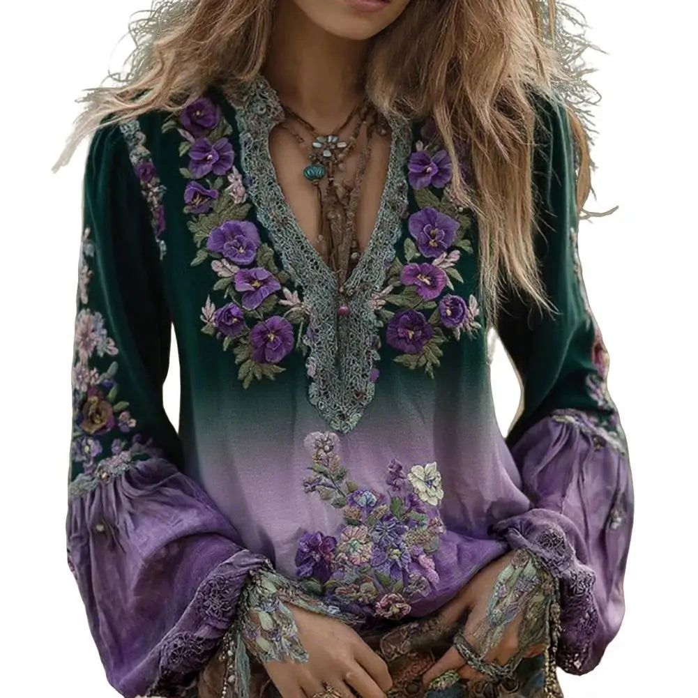 Women V Neck Long Sleeve Floral Blouse Casual Relaxed Fit Top