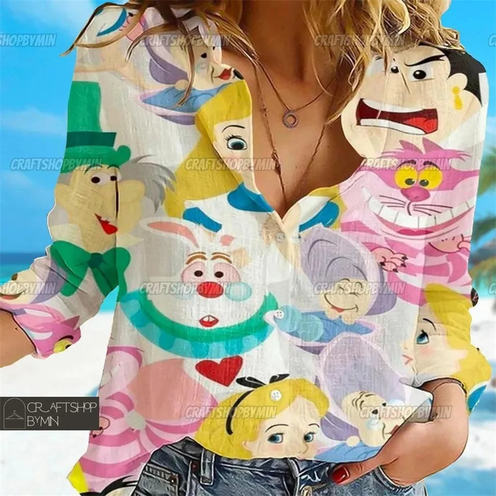 Women Alice In Wonderland Blouse Fantasy Graphic Casual Top