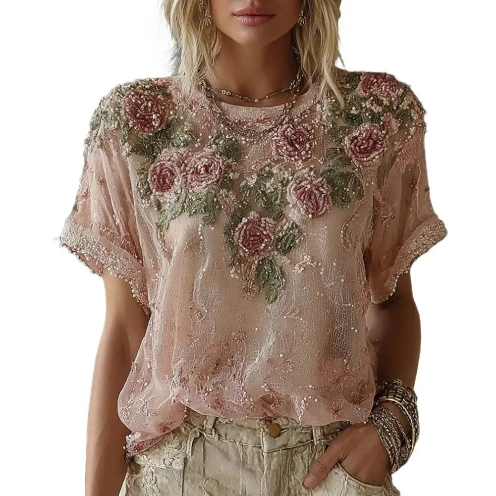 Women Linen Print Blouse Round Neck Short Sleeve Casual Top