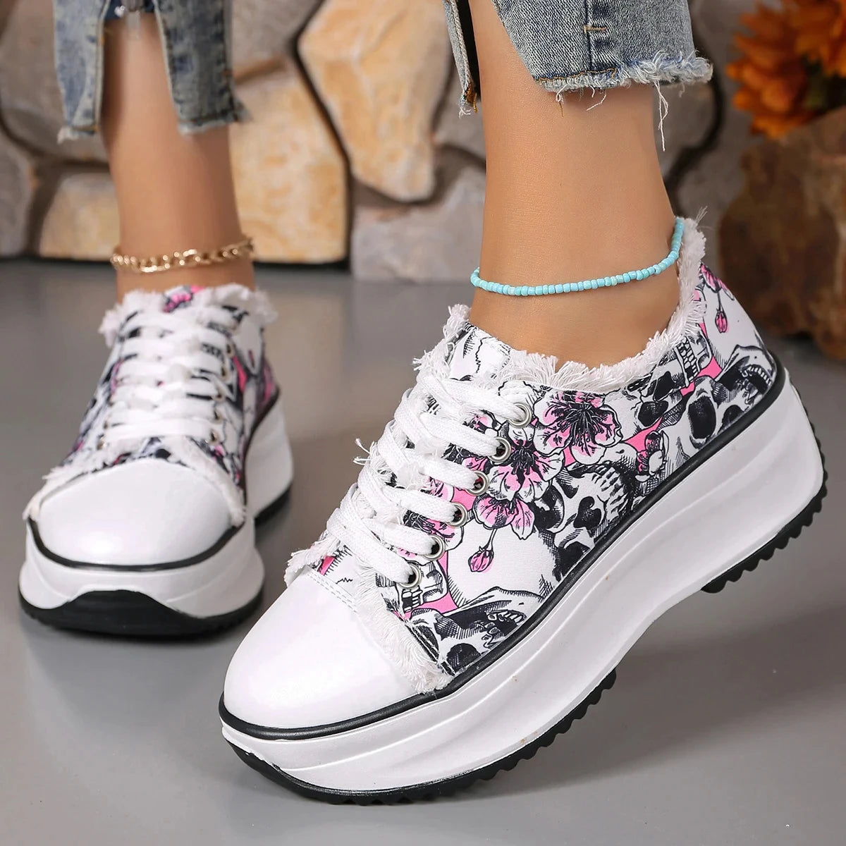 Floral Print Lace Up Platform Sneakers