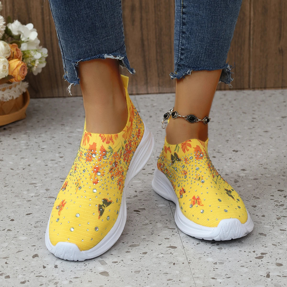Floral Knit Slip On Walking Shoes