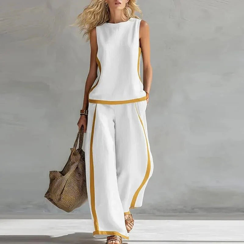 Sleeveless O Neck Top And Wide Leg Pants Set