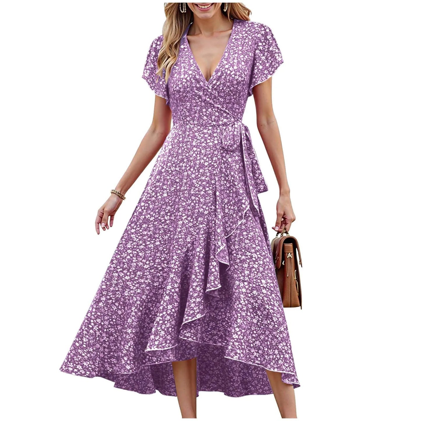 Floral Wrap V Neck Dress