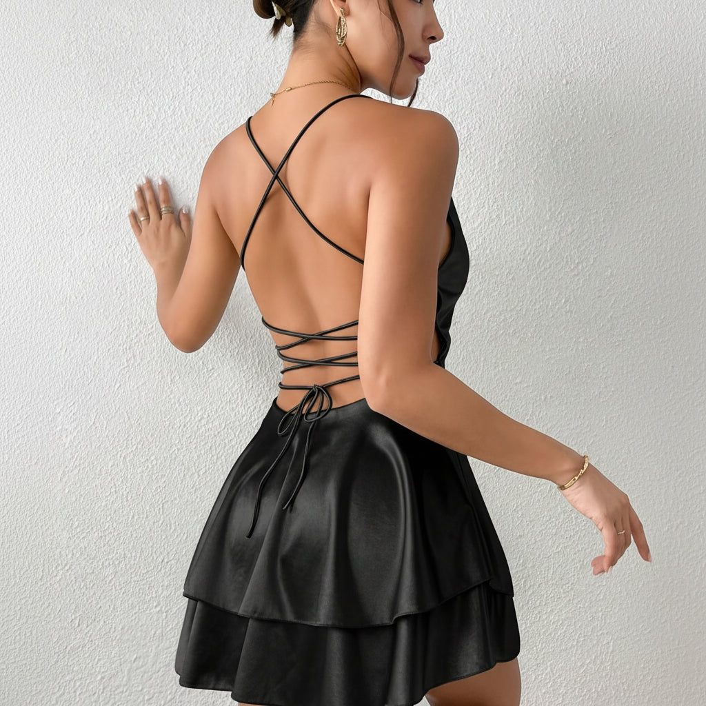 Satin Dress with Cross Back & Soft Layers