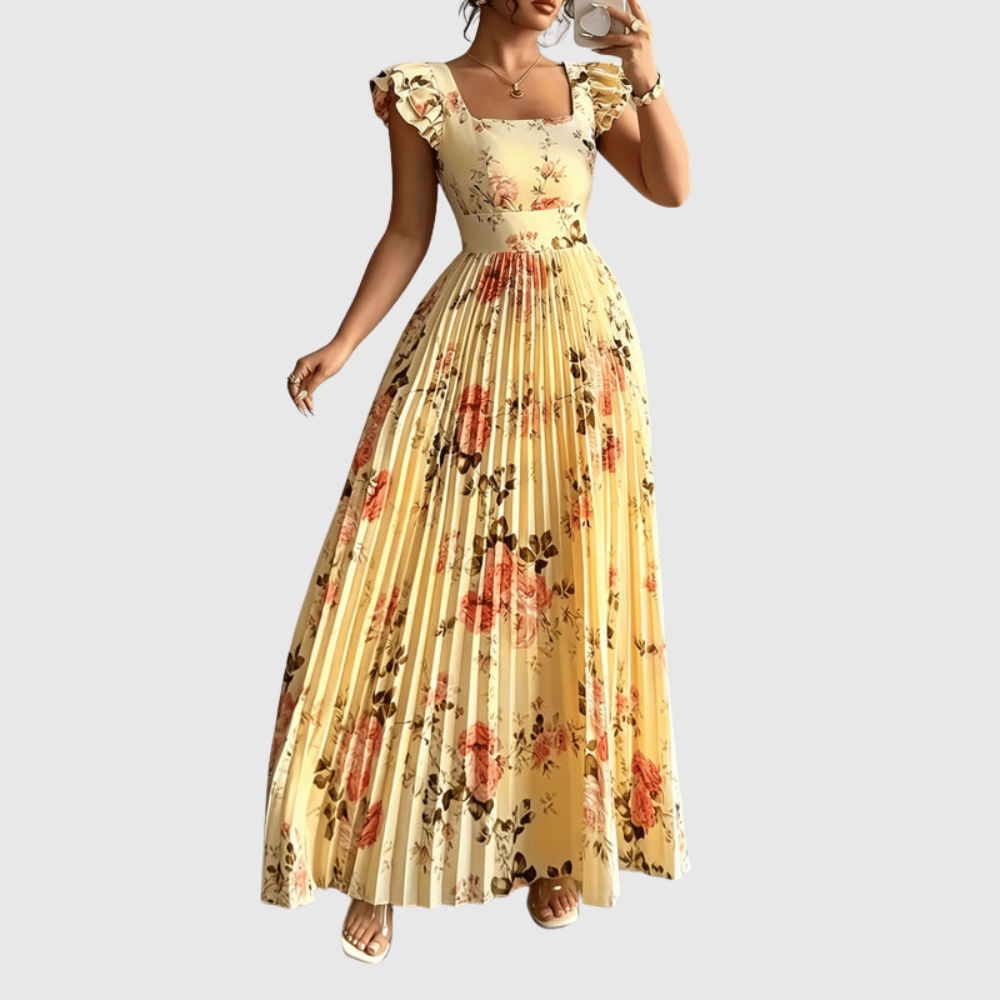 Floral Square Neck Pleated Midi Dress