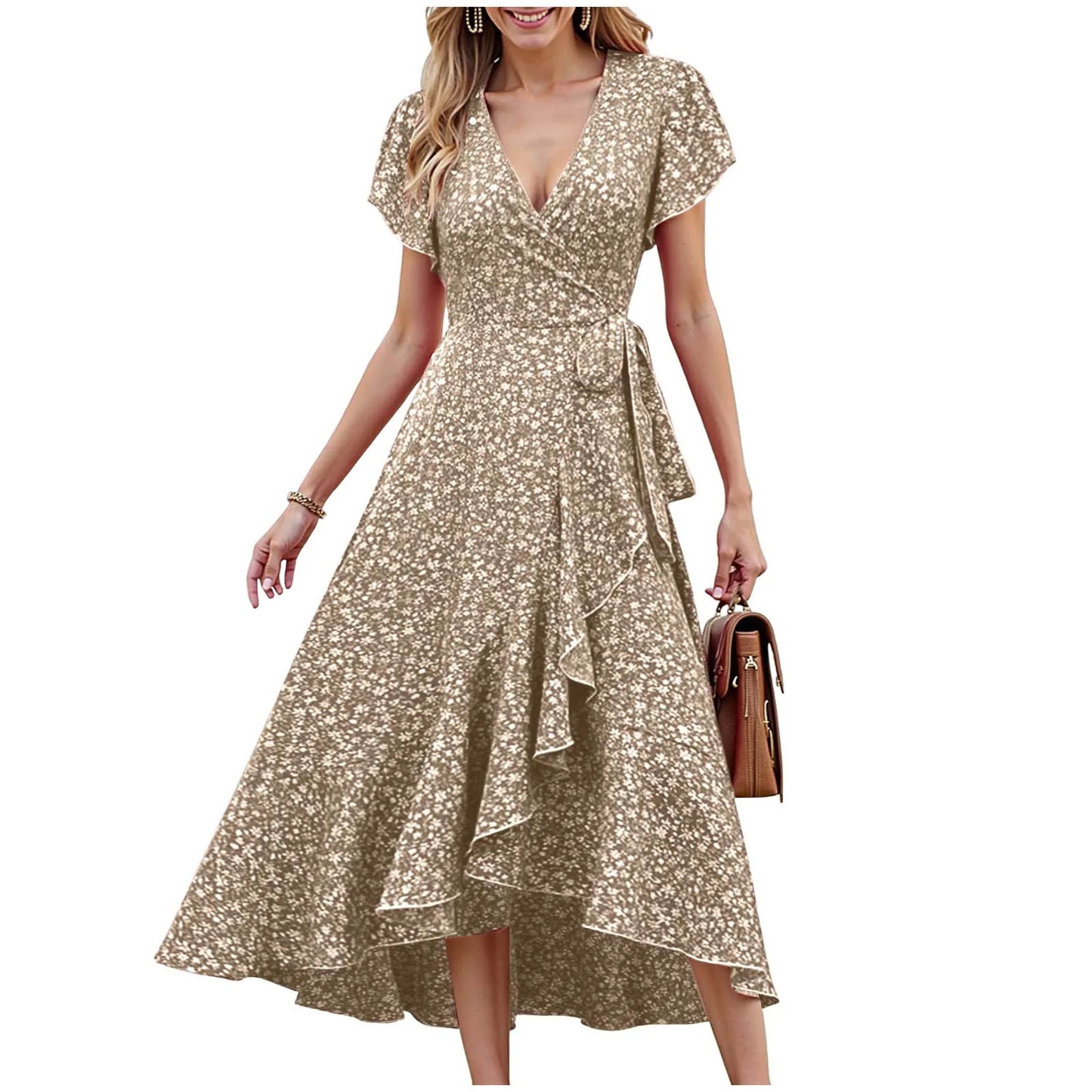 Floral Wrap V Neck Dress