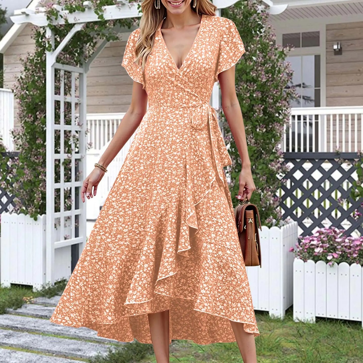 Floral Wrap V Neck Dress