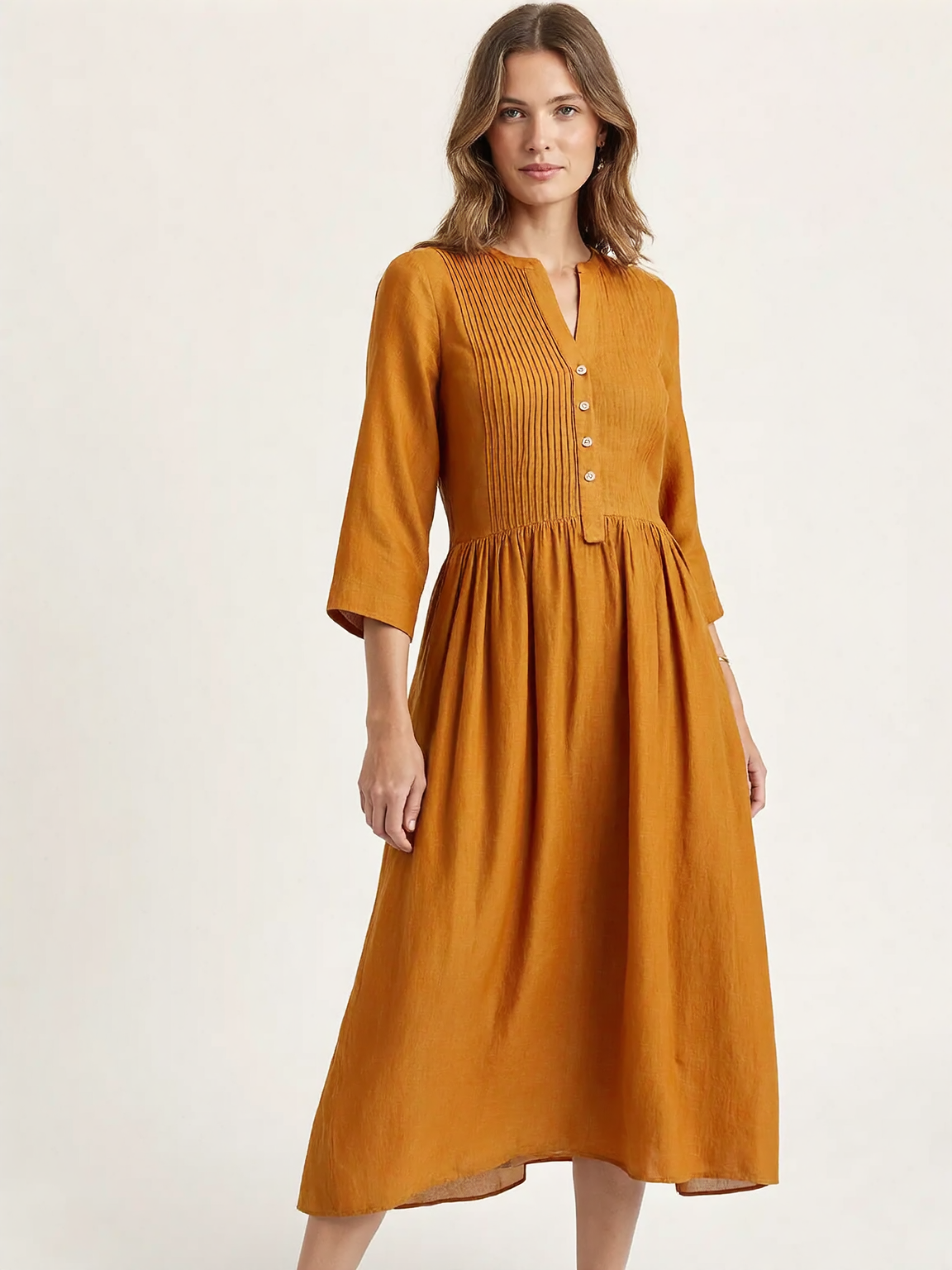 Elegant Linen Long Dress | Tangerine / M | front | Bimbloo