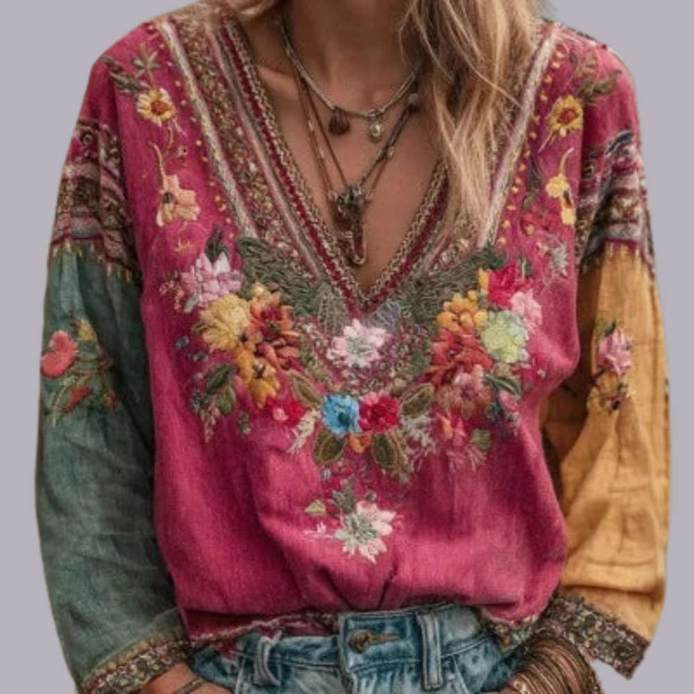 Women Retro V Neck Embroidery Top Long Sleeve Loose Fit Casual