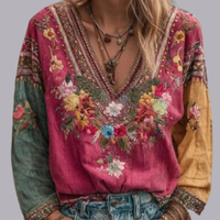 Women Retro V Neck Embroidery Top Long Sleeve Loose Fit Casual