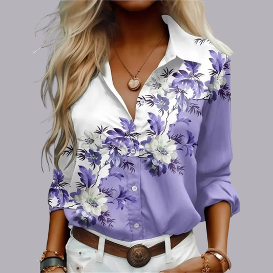 Women Floral Pattern Blouse Long Sleeve Loose Casual Fit