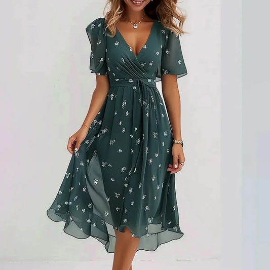 Floral Wrap Midi Dress With Waist Tie