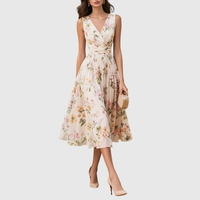 Floral V Neck Pleated Midi Dress