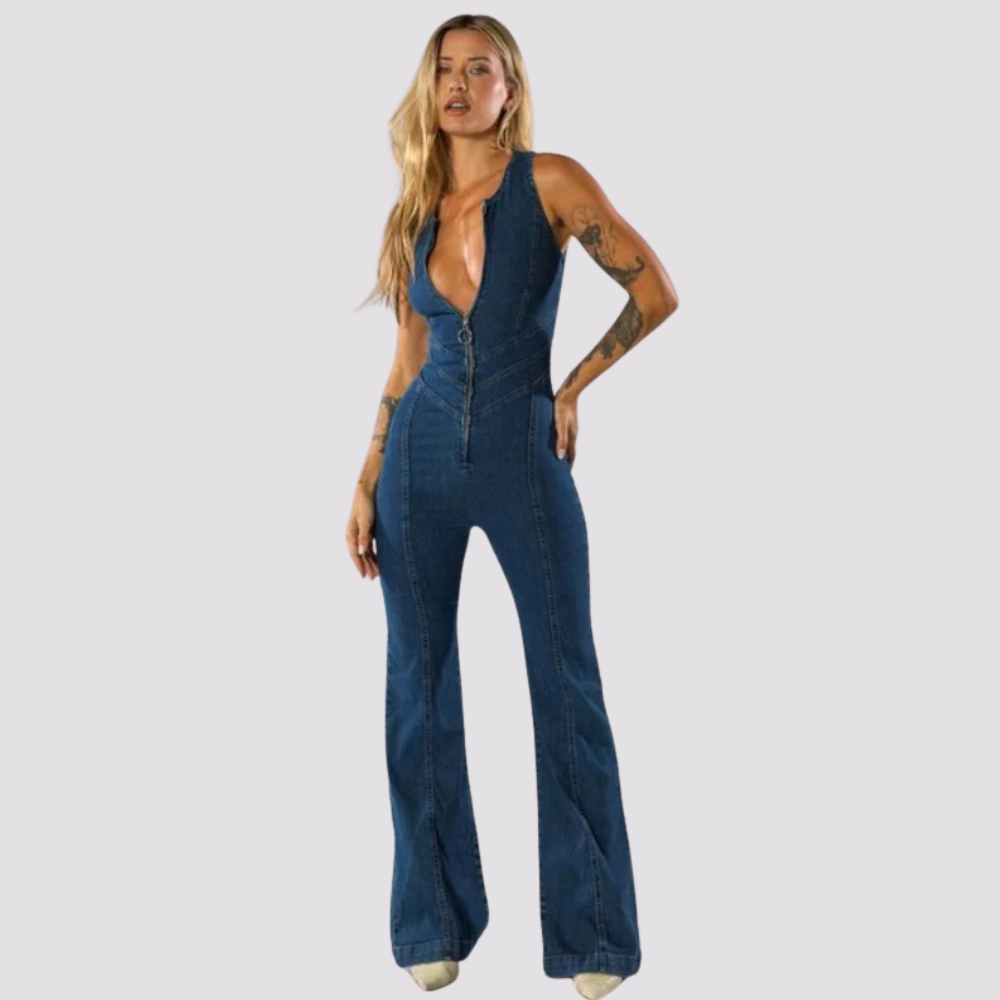 Sleek Deep V Neck Denim Jumpsuit