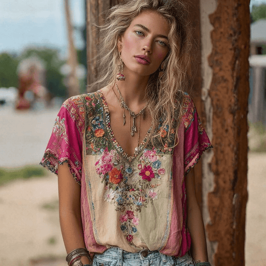 Boho Embroidered V Neck Top