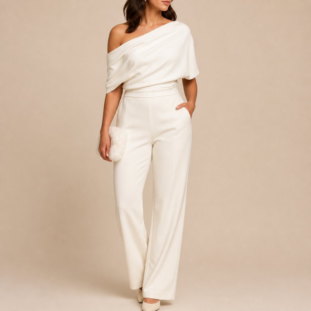 Draped Off Shoulder Tailored Jumpsuit