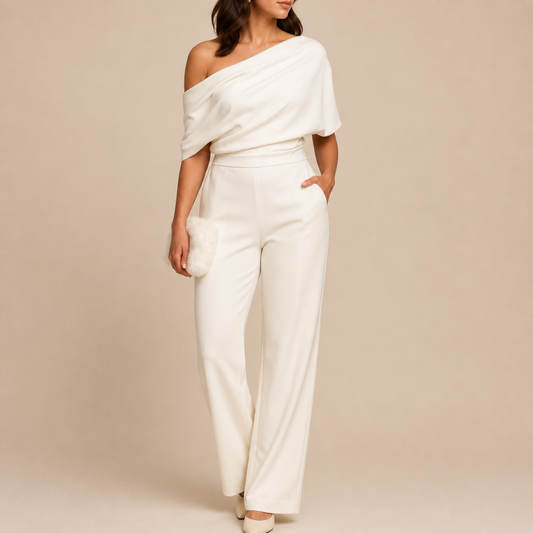 Draped Off Shoulder Tailored Jumpsuit