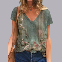 Women Floral Print V Neck Oversized T Shirt Casual Top