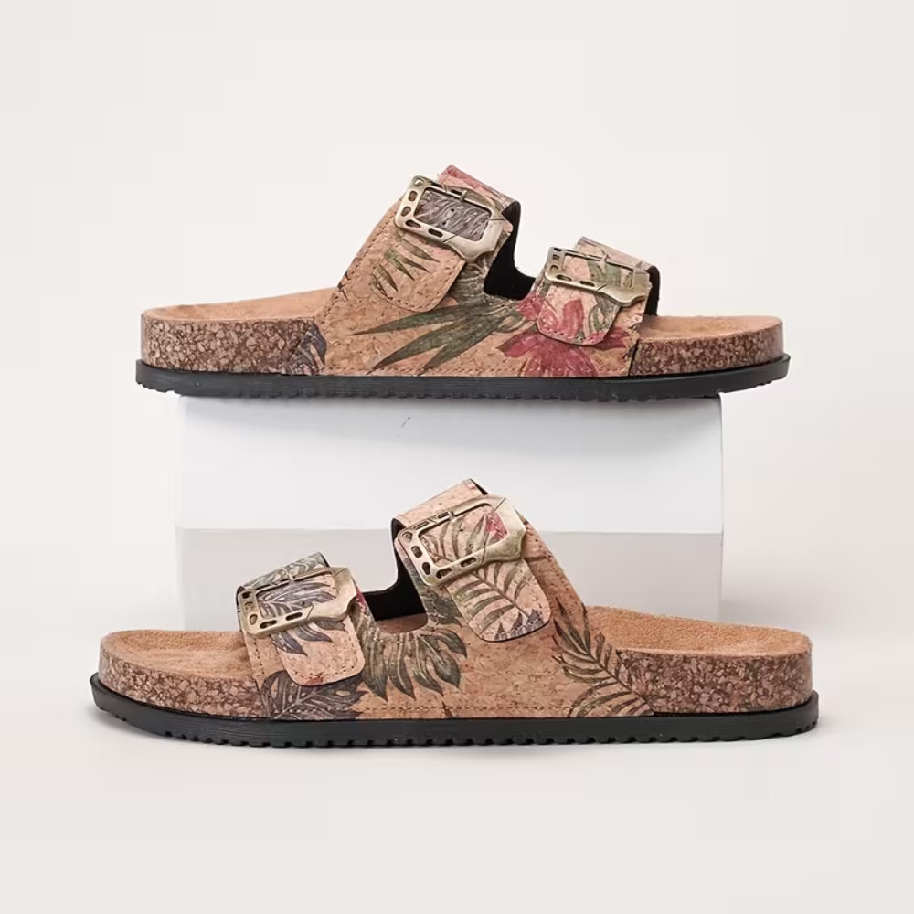 Tropical Print Double Buckle Slide Sandals