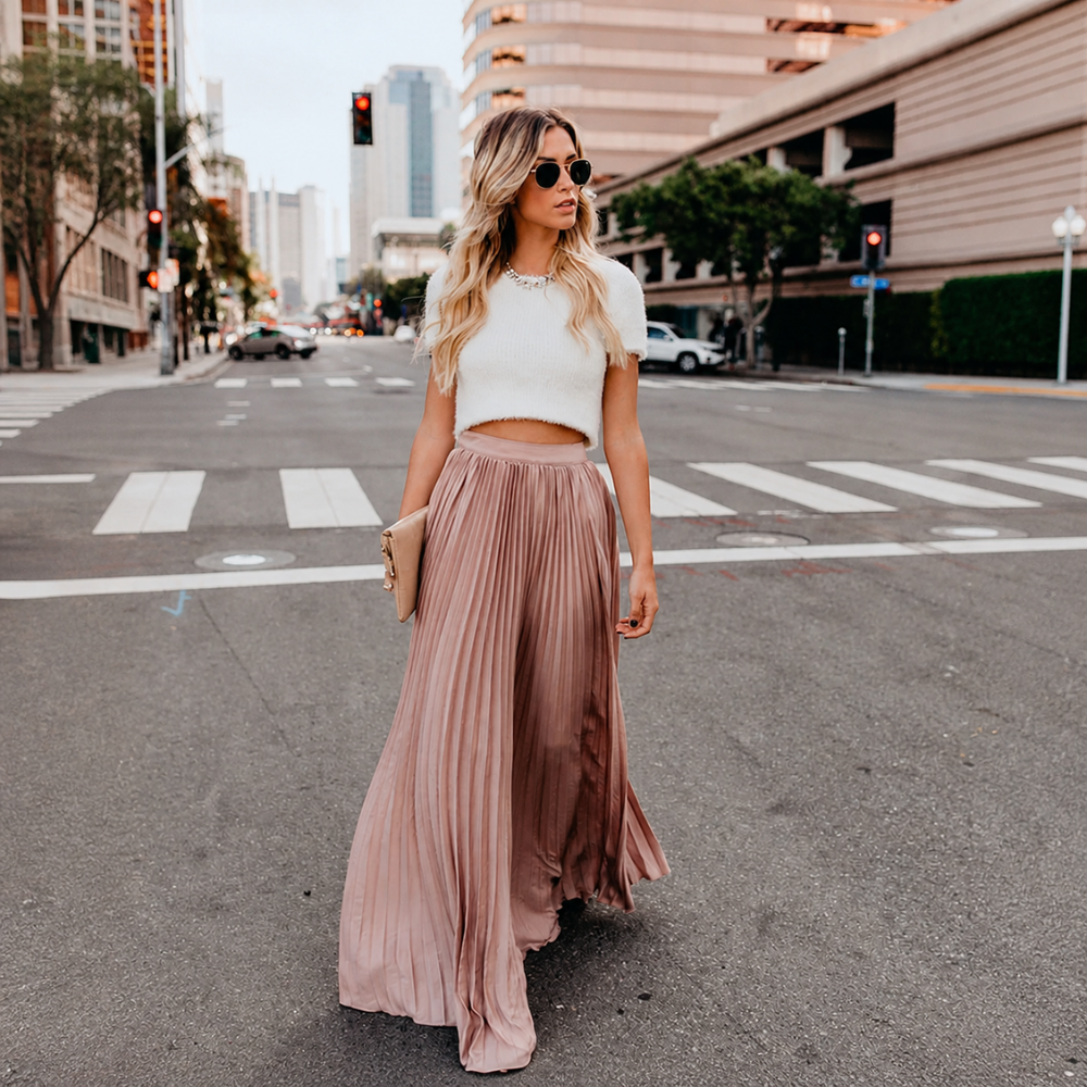 Pleated High Waist Maxi Skirt