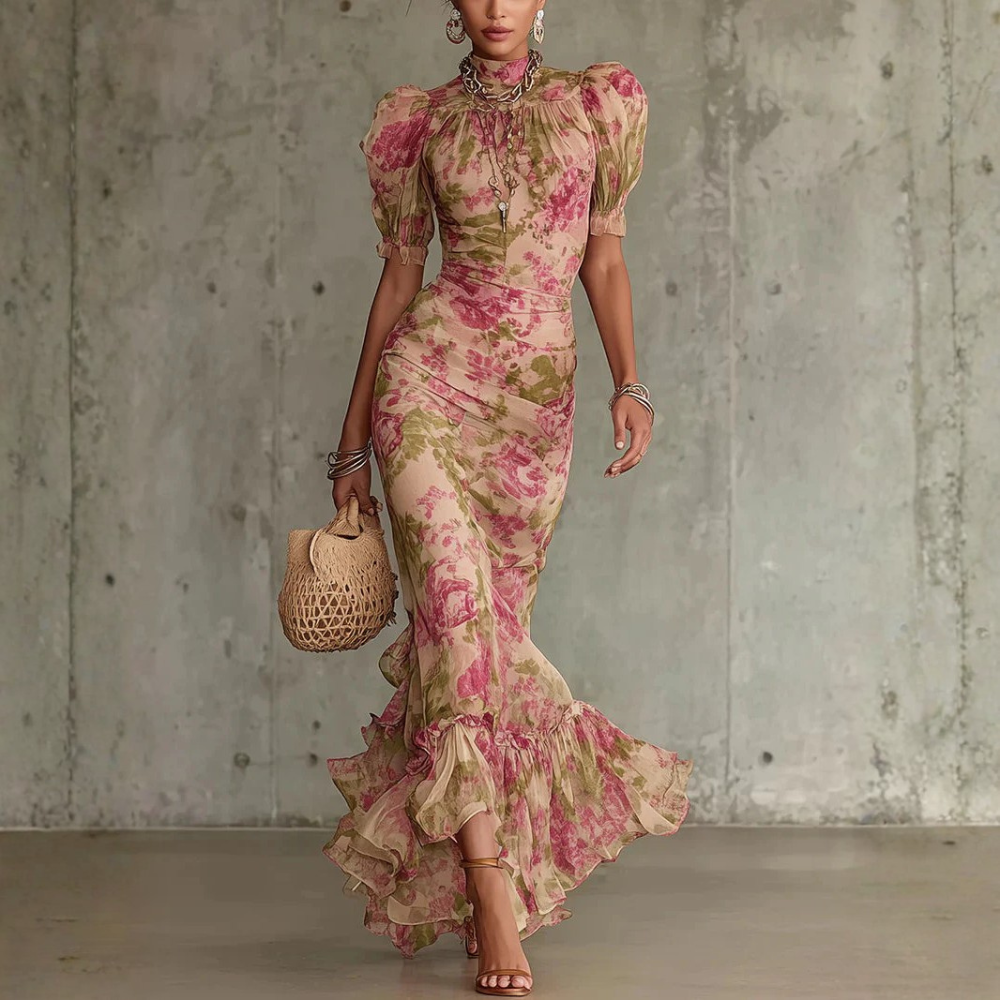 Vintage Floral Puff Sleeve Maxi Dress Elegant High Neck