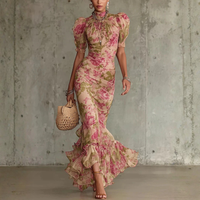 Vintage Floral Puff Sleeve Maxi Dress Elegant High Neck
