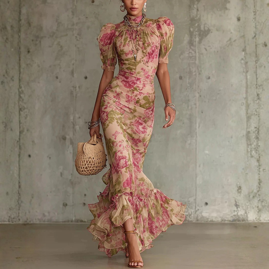 Vintage Floral Puff Sleeve Maxi Dress Elegant High Neck