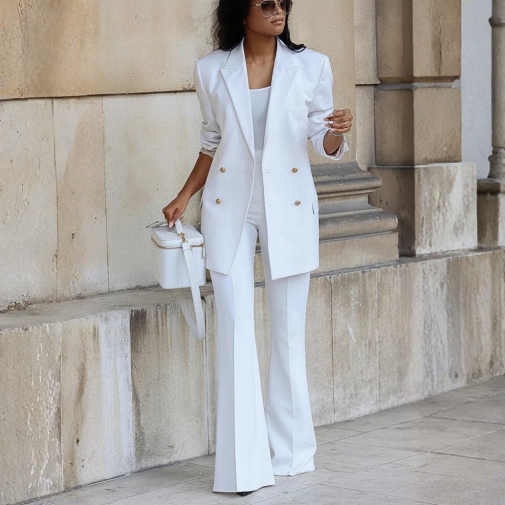 Polished Linen Blazer And Flare Pants Suit