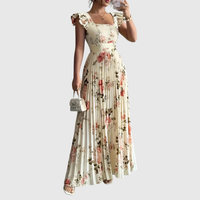 Floral Square Neck Pleated Midi Dress