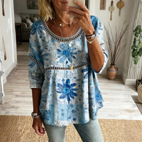Women Bohemian Floral Print Blouse Round Neck Casual Top