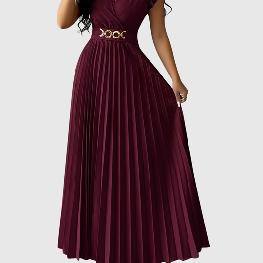 Elegant V Neck Pleated Midi Dress