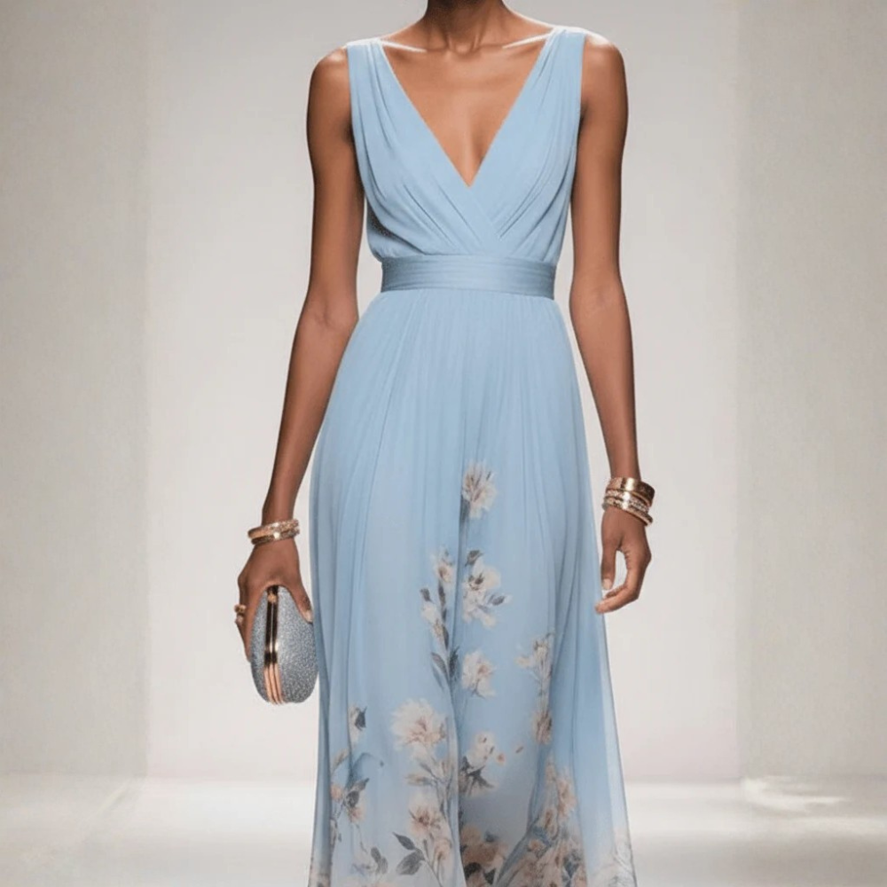 Floral Chiffon V Neck Maxi Dress