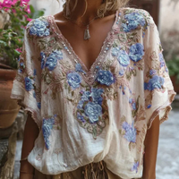 Women V Neck Floral Print Top Half Sleeve Summer Casual