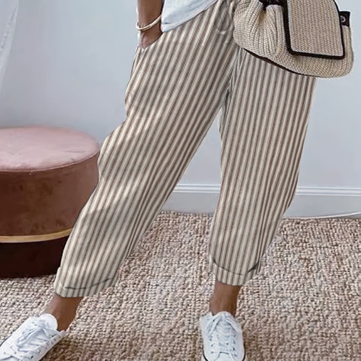 Striped Cotton Drawstring Cropped Pants