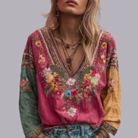 Women Retro V Neck Embroidery Top Long Sleeve Loose Fit Casual