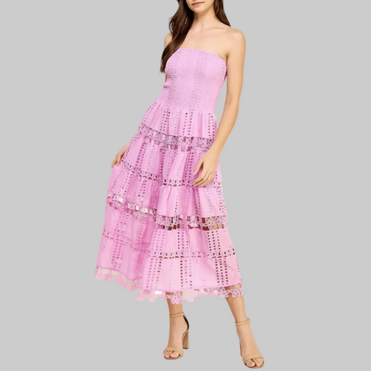 Strapless Eyelet Lace Midi Dress