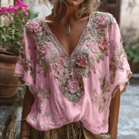 Women V Neck Floral Print Top Half Sleeve Summer Casual
