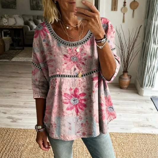 Women Bohemian Floral Print Blouse Round Neck Casual Top