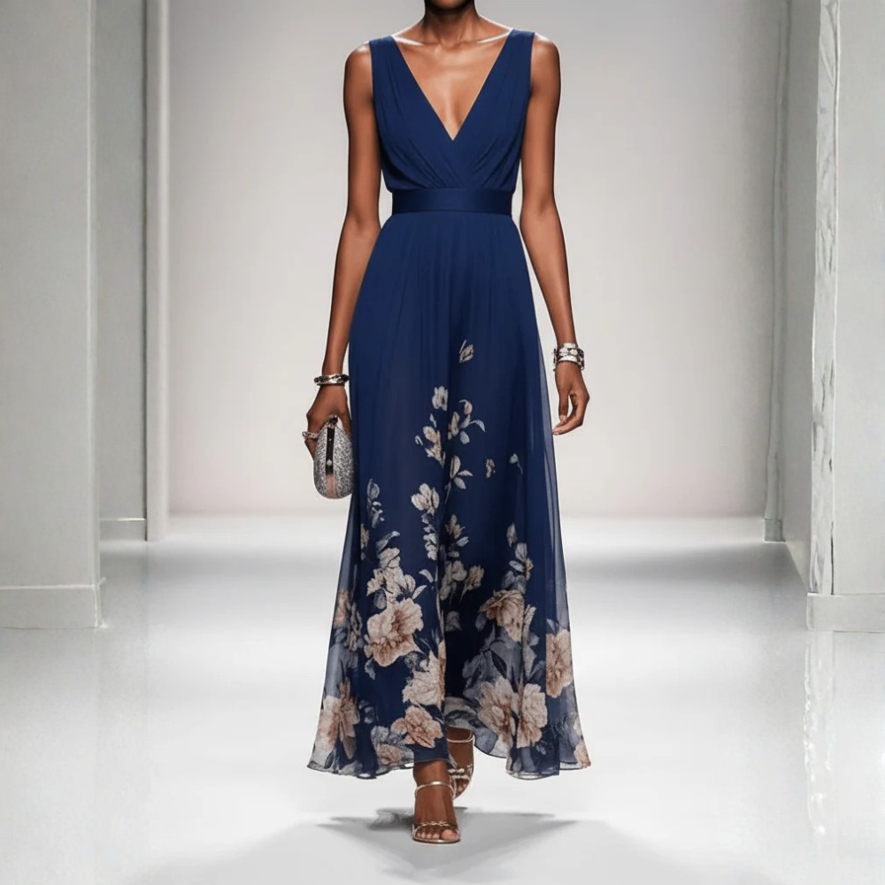 Floral Chiffon V Neck Maxi Dress