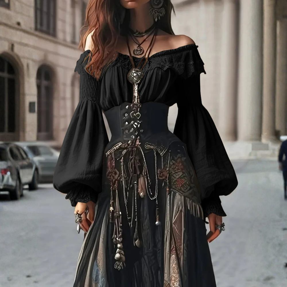 Women Off Shoulder Blouse Long Sleeve Lace Lantern Sleeve Top