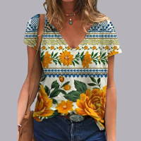 Women Floral Print V Neck Oversized T Shirt Casual Top