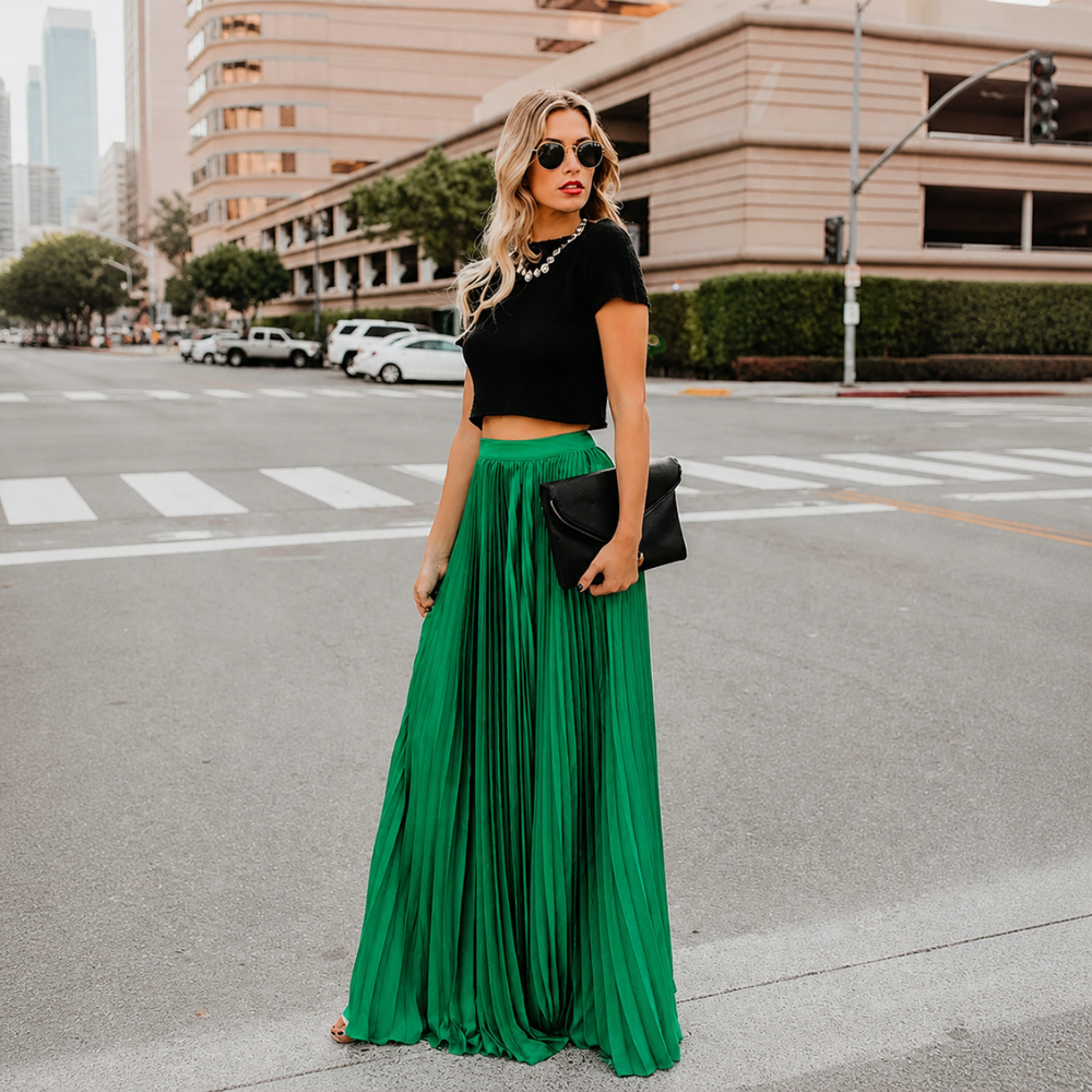 Pleated High Waist Maxi Skirt