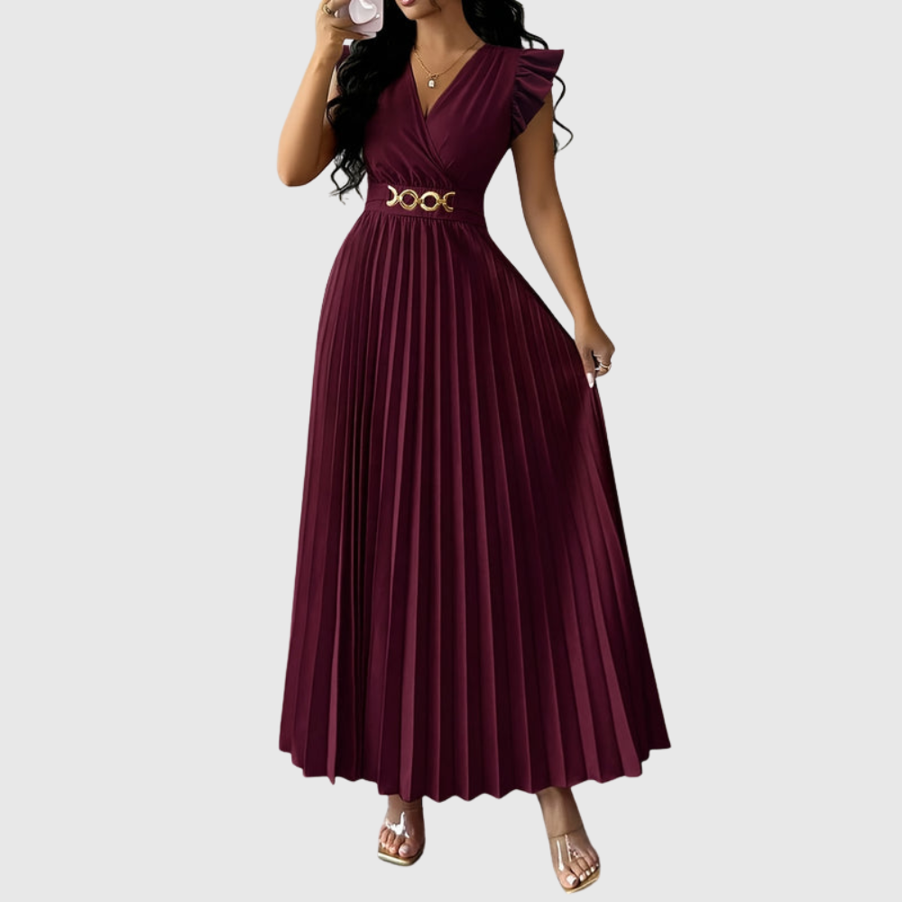 Elegant V Neck Pleated Midi Dress
