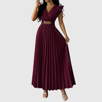 Elegant V Neck Pleated Midi Dress